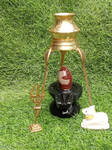 Om aakrati narmadeshwar shivling with brass stand, trishul, nandishwar and black jaladhari in damru shape